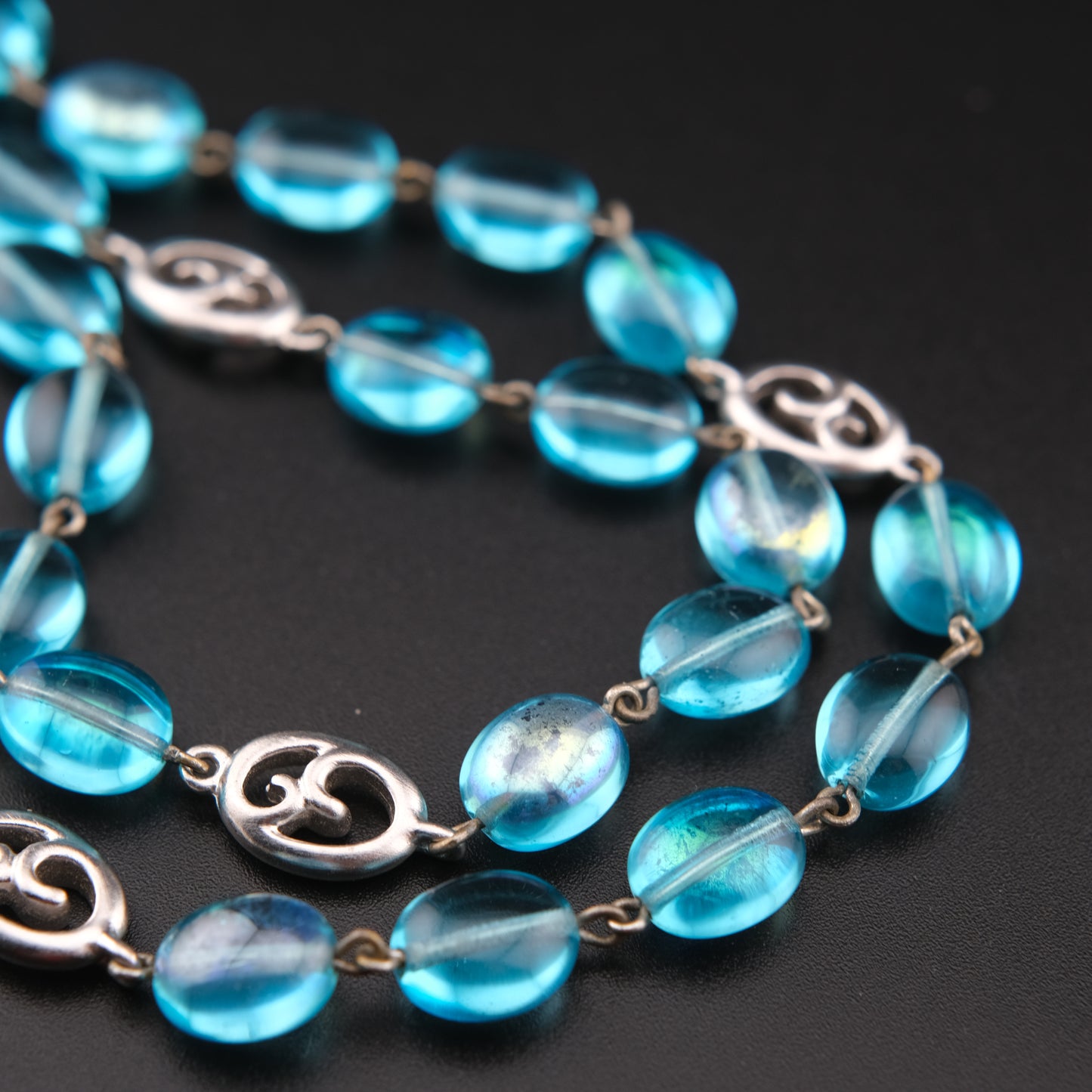 Vintage Givenchy Ocean Aqua Blue Glass Beads Necklace with Silver Swirl Accents
