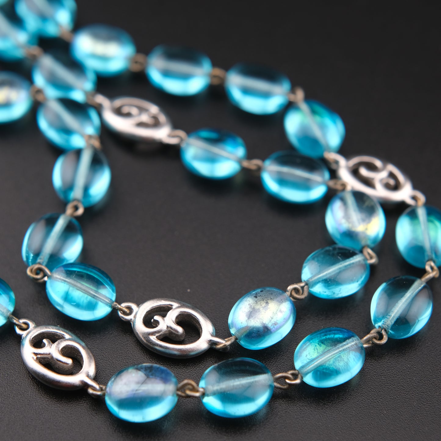 Vintage Givenchy Ocean Aqua Blue Glass Beads Necklace with Silver Swirl Accents
