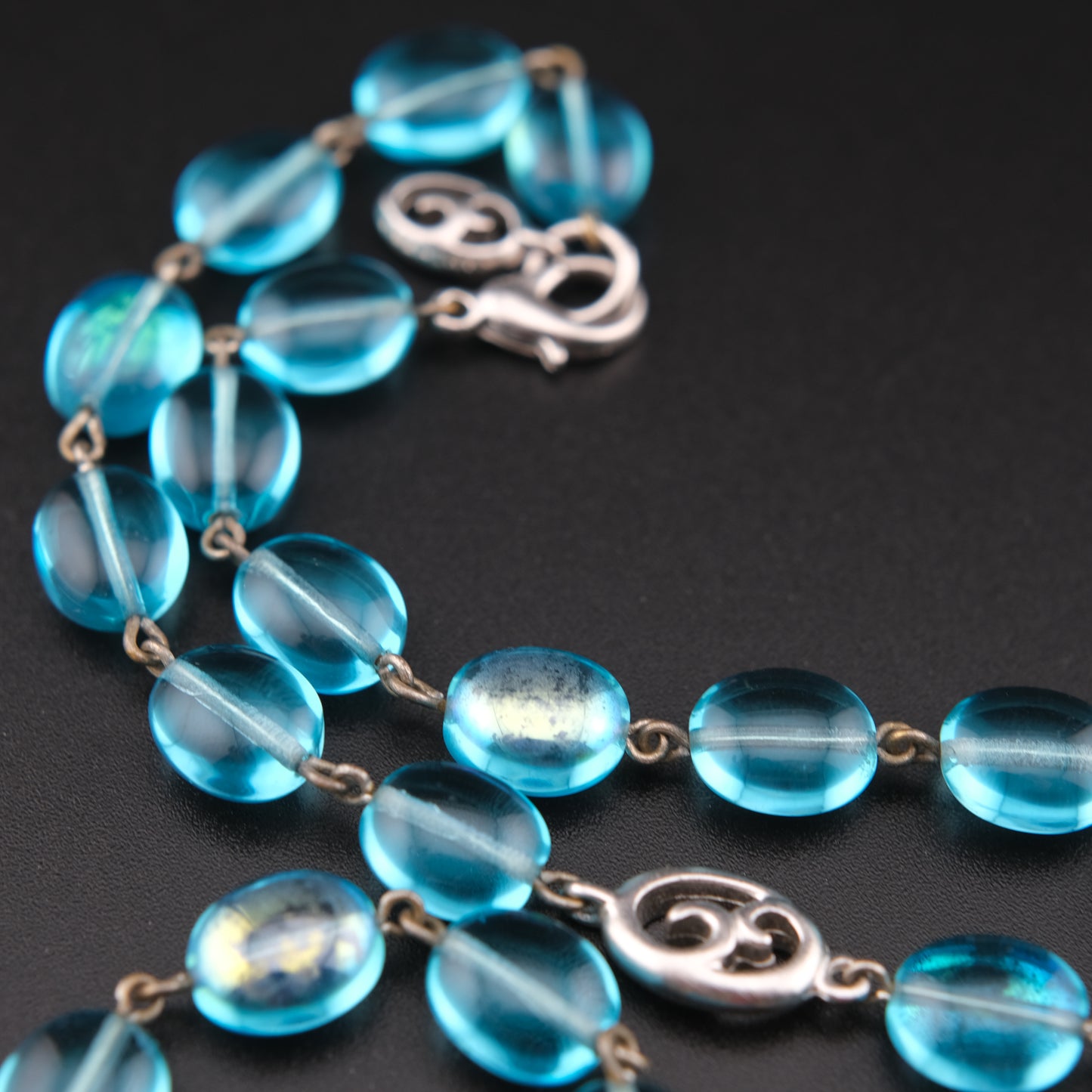 Vintage Givenchy Ocean Aqua Blue Glass Beads Necklace with Silver Swirl Accents