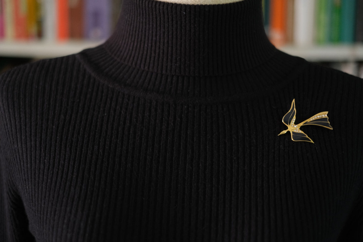 Vintage Karl Lagerfeld Black Enamel & Rhinestone Swallow Brooch – Gold-Tone, Signed