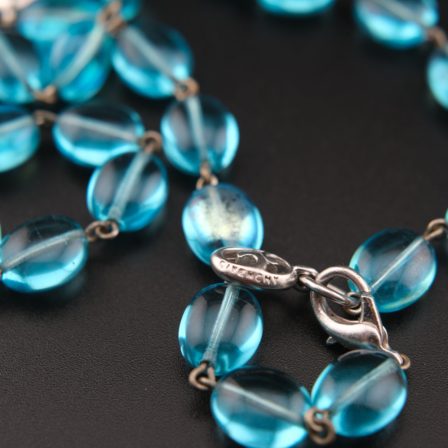 Vintage Givenchy Ocean Aqua Blue Glass Beads Necklace with Silver Swirl Accents