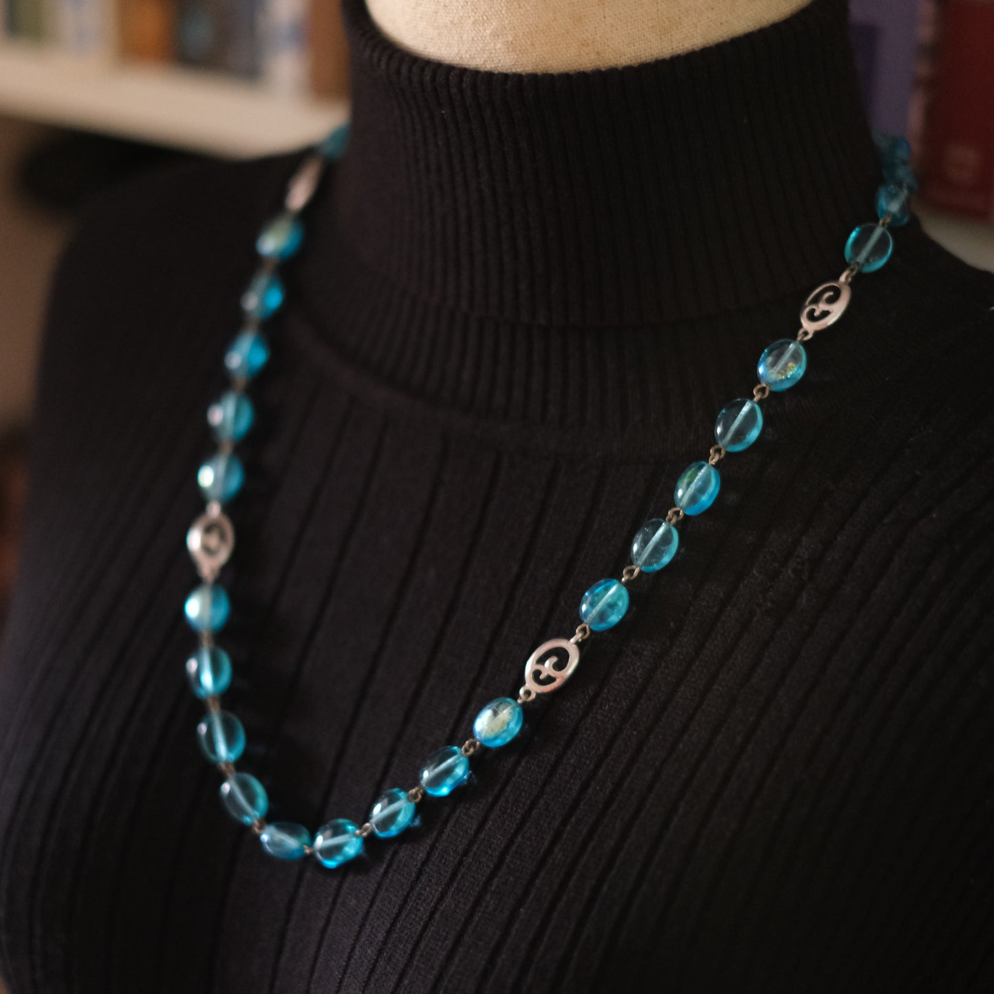 Vintage Givenchy Ocean Aqua Blue Glass Beads Necklace with Silver Swirl Accents