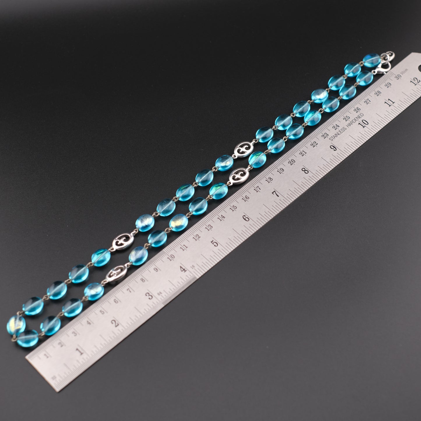 Vintage Givenchy Ocean Aqua Blue Glass Beads Necklace with Silver Swirl Accents