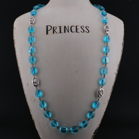 Vintage Givenchy Ocean Aqua Blue Glass Beads Necklace with Silver Swirl Accents