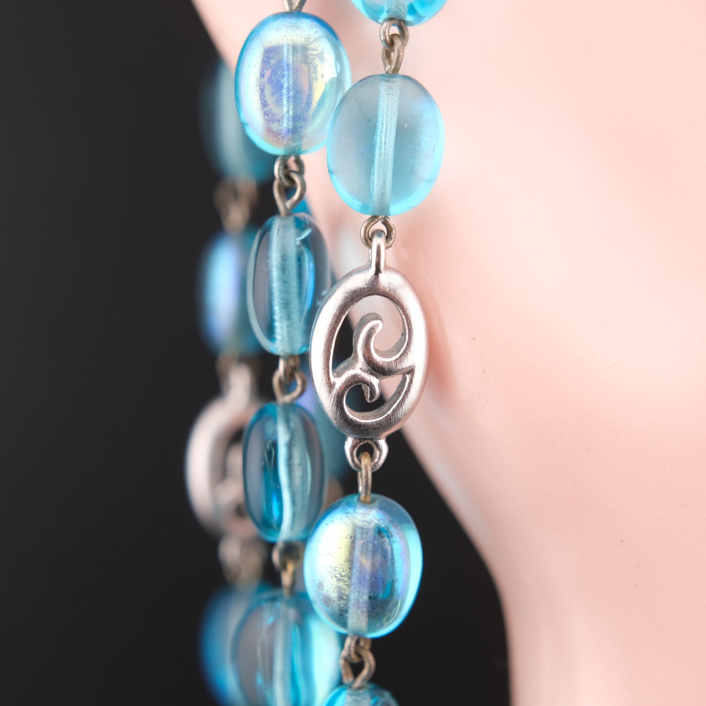 Vintage Givenchy Ocean Aqua Blue Glass Beads Necklace with Silver Swirl Accents