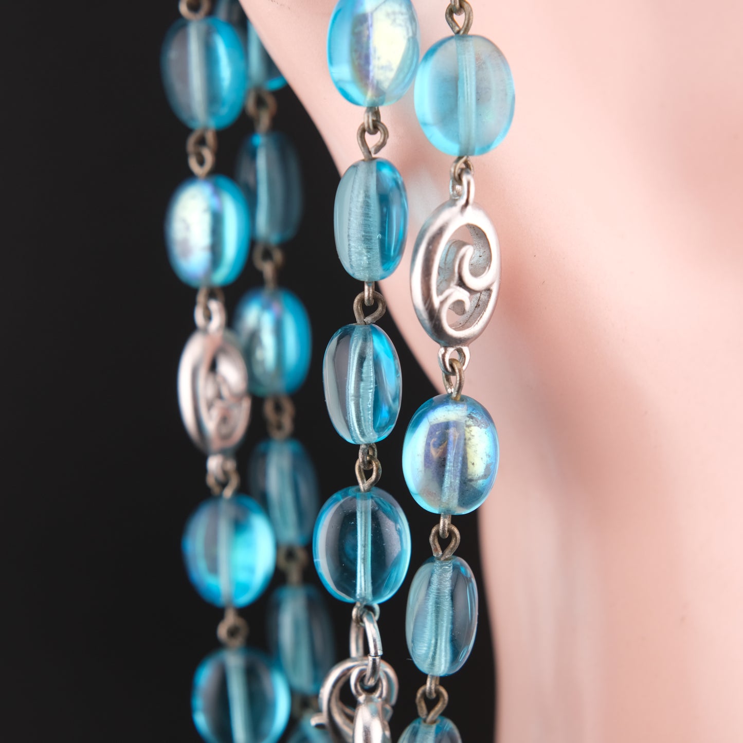 Vintage Givenchy Ocean Aqua Blue Glass Beads Necklace with Silver Swirl Accents