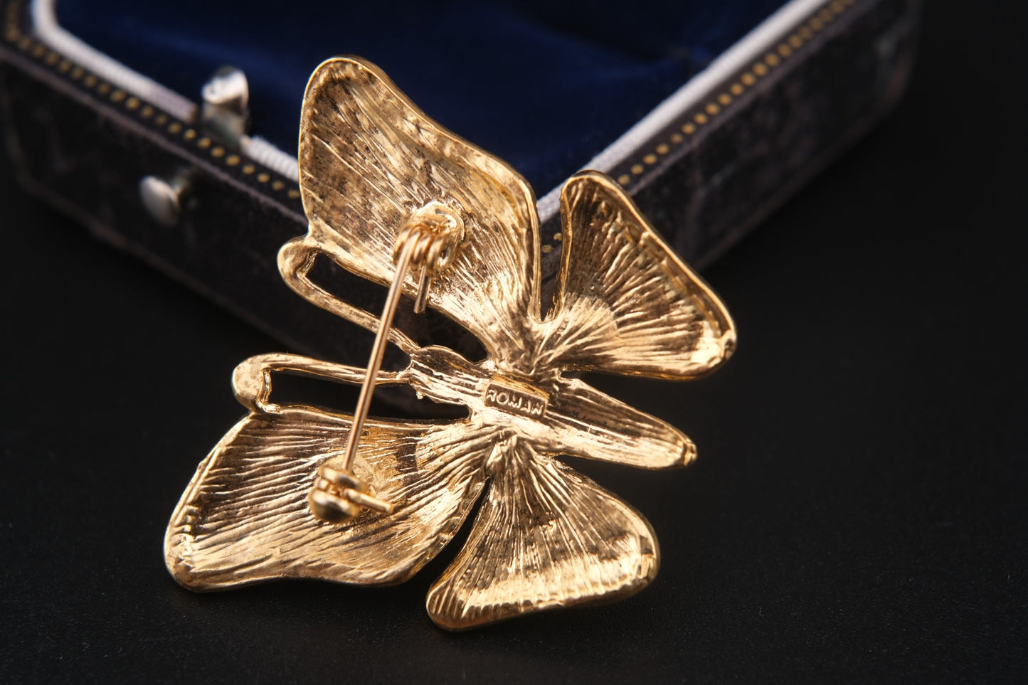 Vintage Signed ROMAN Gold-Tone Butterfly Brooch with Clear and Blue Rhinestones