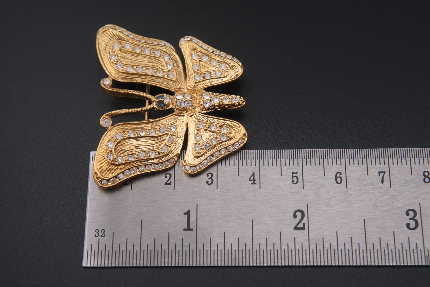 Vintage Signed ROMAN Gold-Tone Butterfly Brooch with Clear and Blue Rhinestones