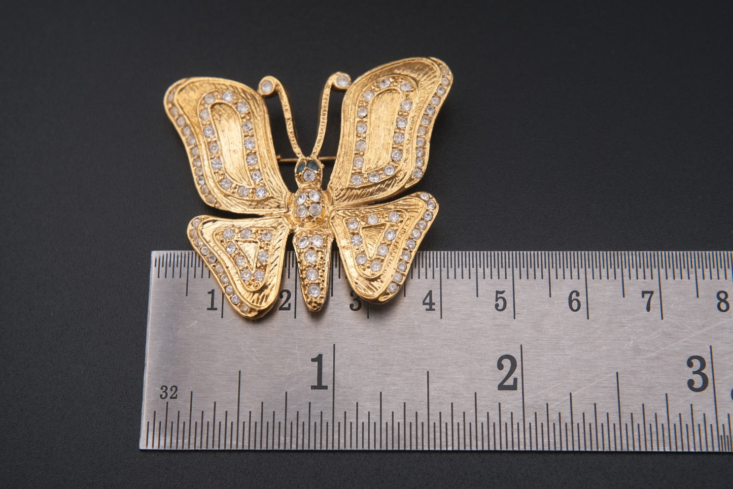 Vintage Signed ROMAN Gold-Tone Butterfly Brooch with Clear and Blue Rhinestones