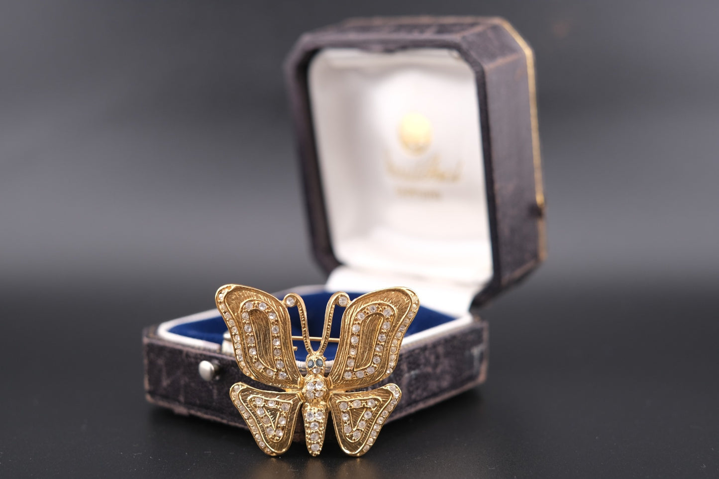 Vintage Signed ROMAN Gold-Tone Butterfly Brooch with Clear and Blue Rhinestones