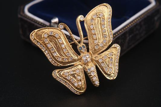Vintage Signed ROMAN Gold-Tone Butterfly Brooch with Clear and Blue Rhinestones