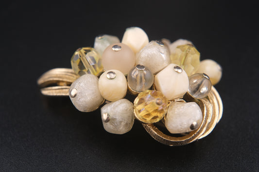 Coro Beaded Cluster Brooch – Gold-Tone with Cream Lucite, Moonglow & Crystal Beads