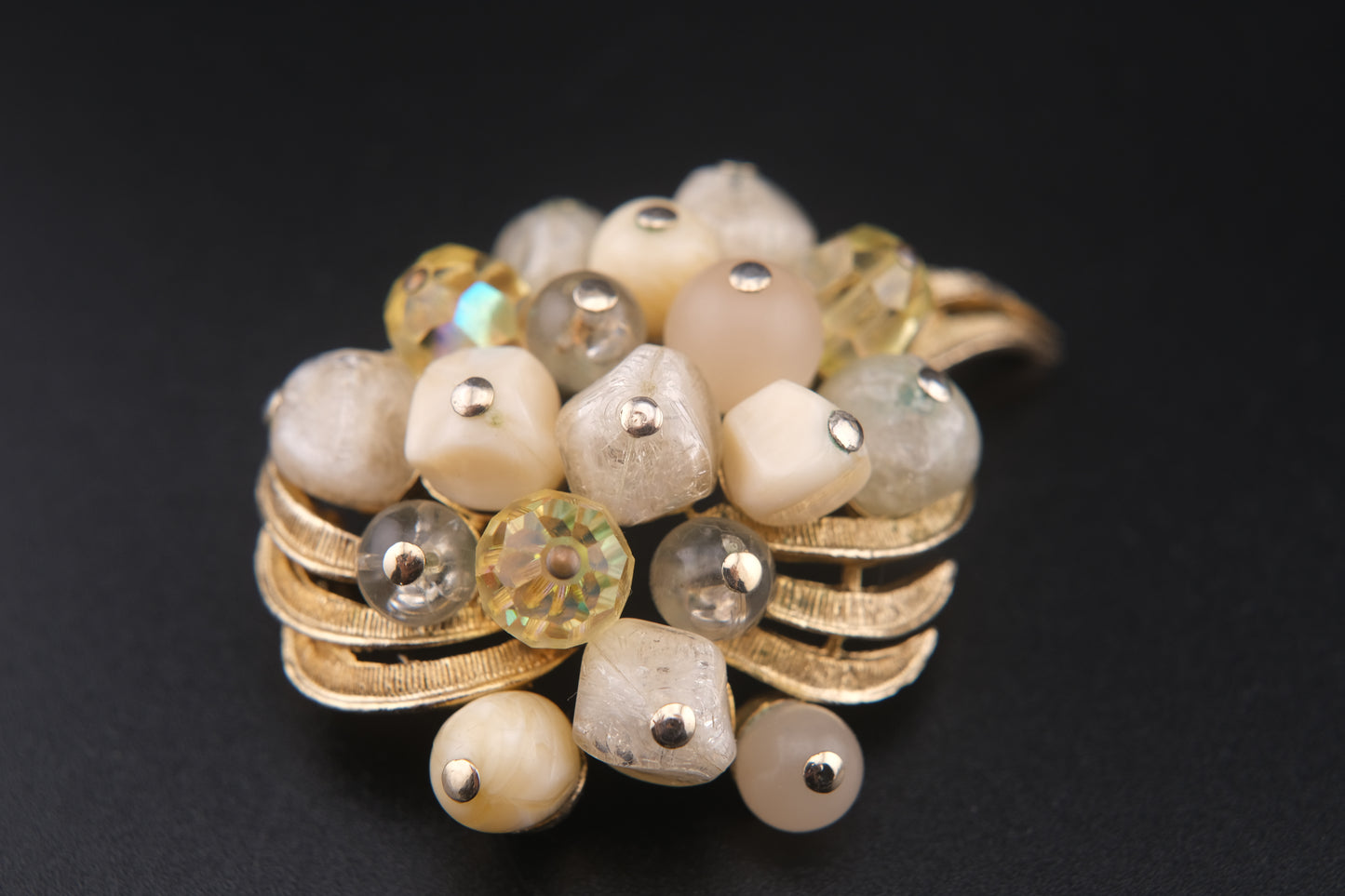 Coro Beaded Cluster Brooch – Gold-Tone with Cream Lucite, Moonglow & Crystal Beads