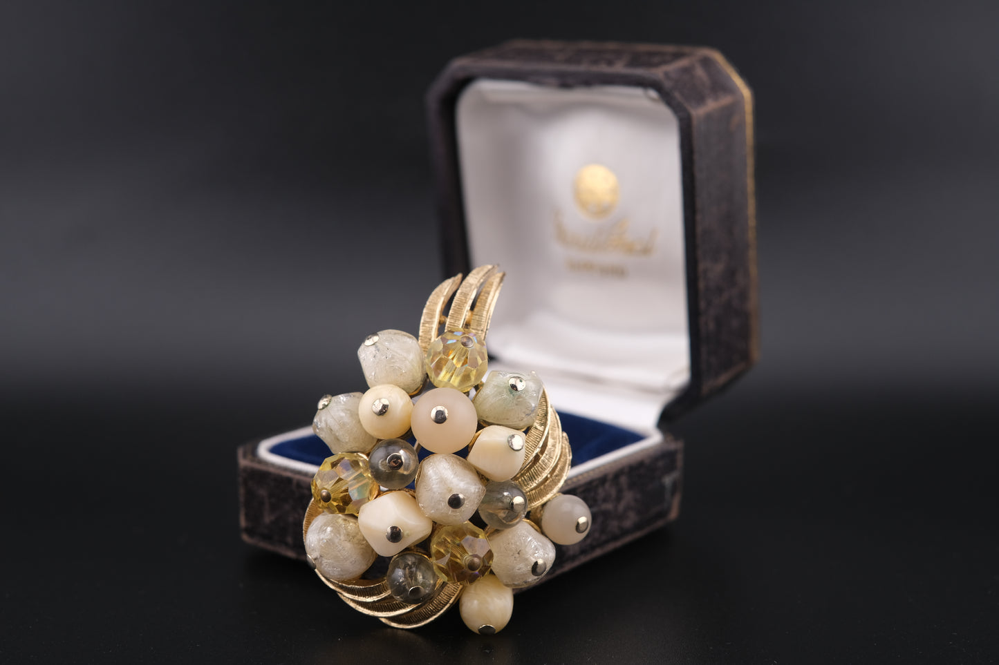 Coro Beaded Cluster Brooch – Gold-Tone with Cream Lucite, Moonglow & Crystal Beads