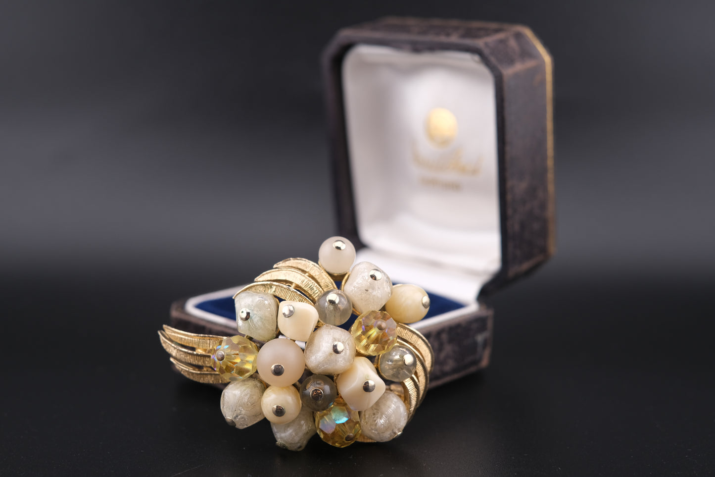Coro Beaded Cluster Brooch – Gold-Tone with Cream Lucite, Moonglow & Crystal Beads