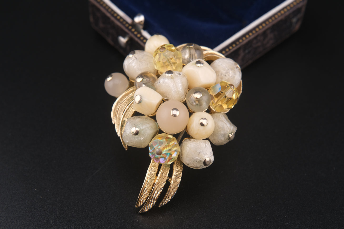 Coro Beaded Cluster Brooch – Gold-Tone with Cream Lucite, Moonglow & Crystal Beads