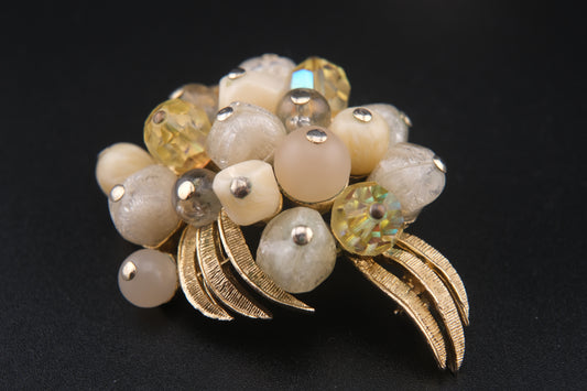 Coro Beaded Cluster Brooch – Gold-Tone with Cream Lucite, Moonglow & Crystal Beads