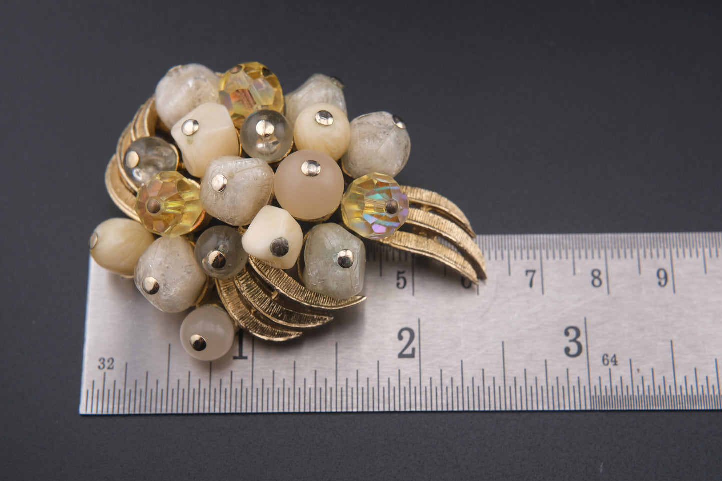 Coro Beaded Cluster Brooch – Gold-Tone with Cream Lucite, Moonglow & Crystal Beads