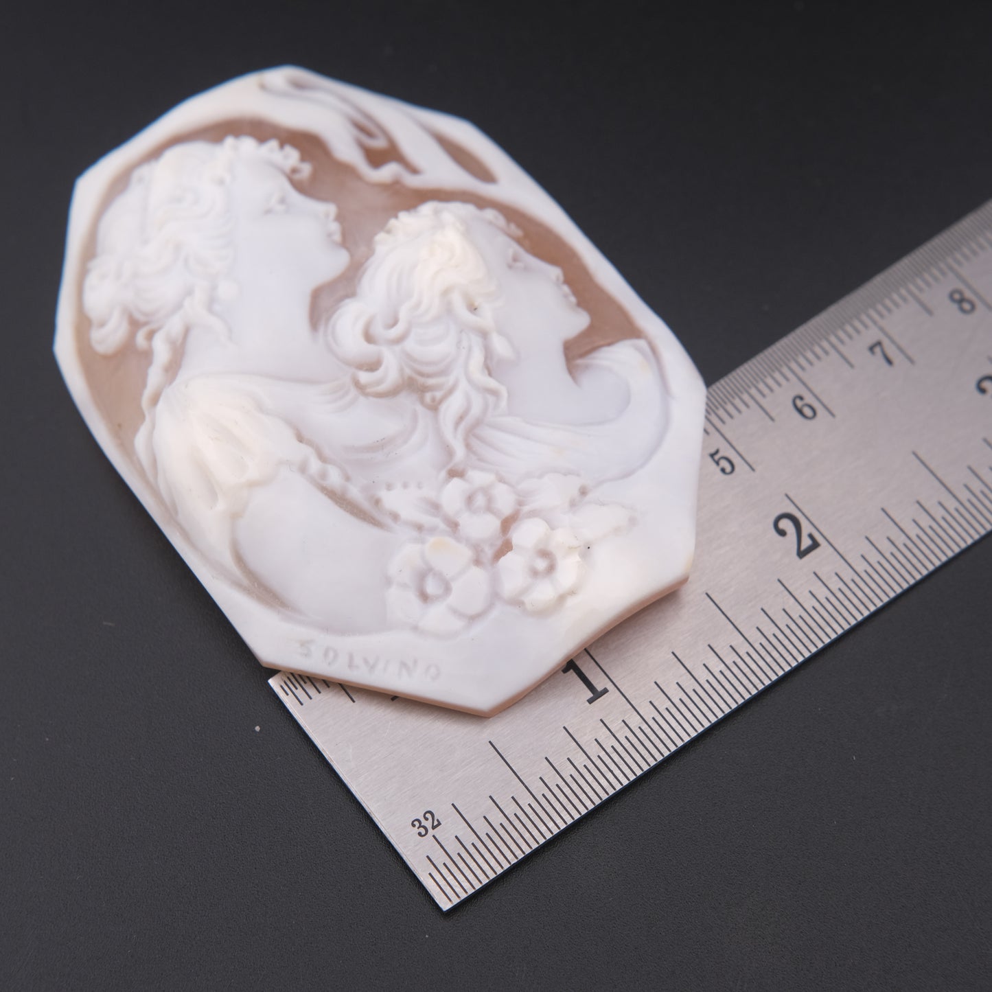 Loose Unmounted Hand-Carved Shell Cameo – Signed SOLVINO – Double Portrait of Women