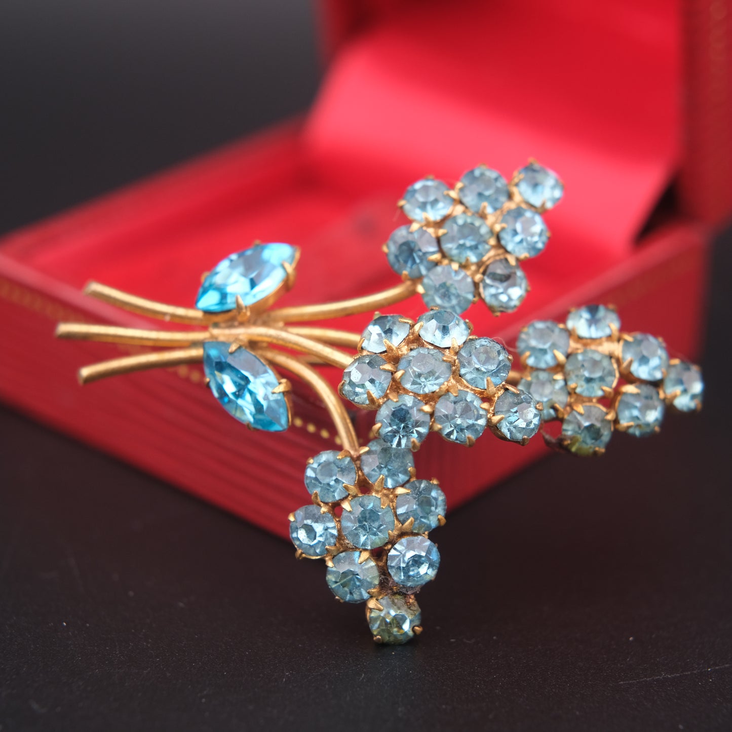 Vintage Blue Rhinestone Flower Bouquet Brooch – Gold Tone, 2 x 1.5 in