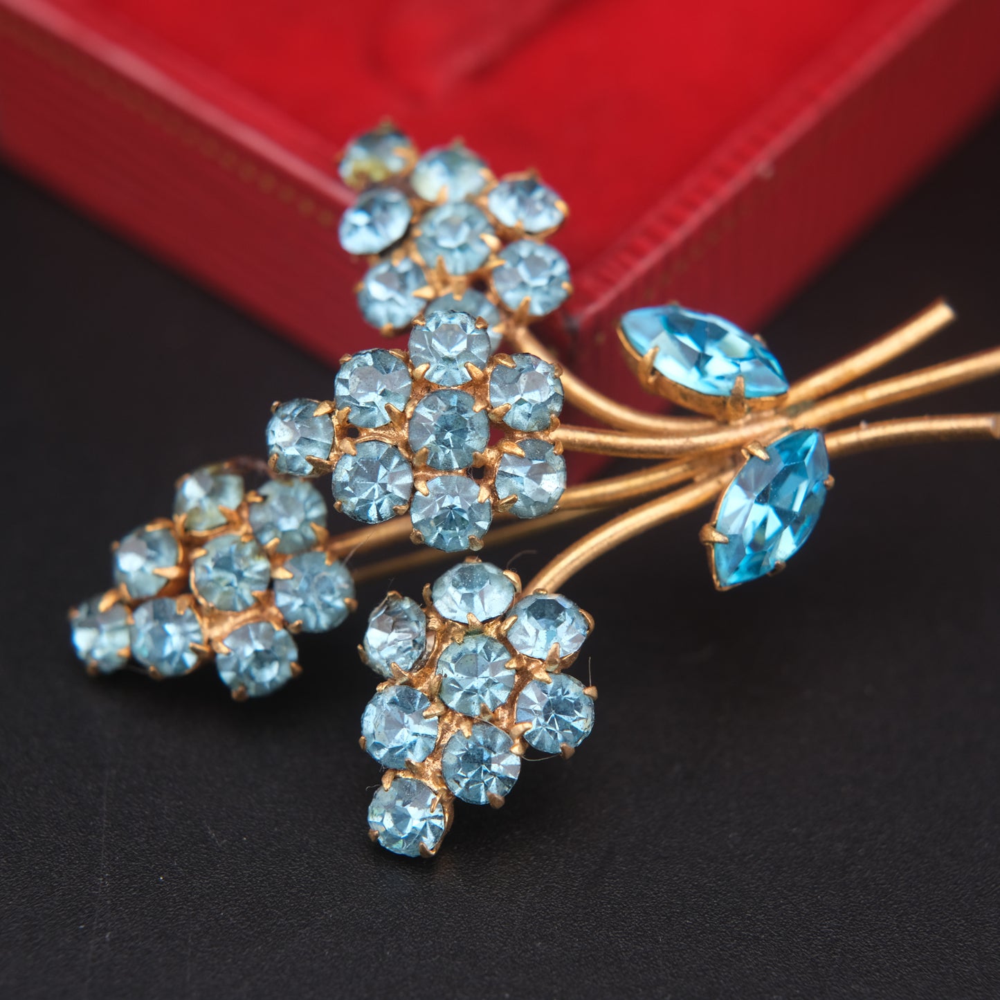 Vintage Blue Rhinestone Flower Bouquet Brooch – Gold Tone, 2 x 1.5 in