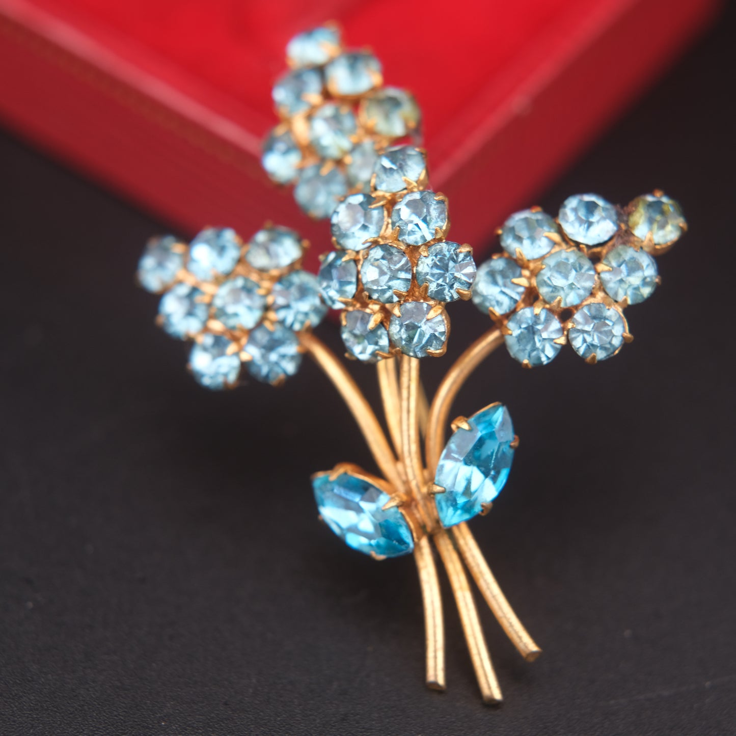 Vintage Blue Rhinestone Flower Bouquet Brooch – Gold Tone, 2 x 1.5 in