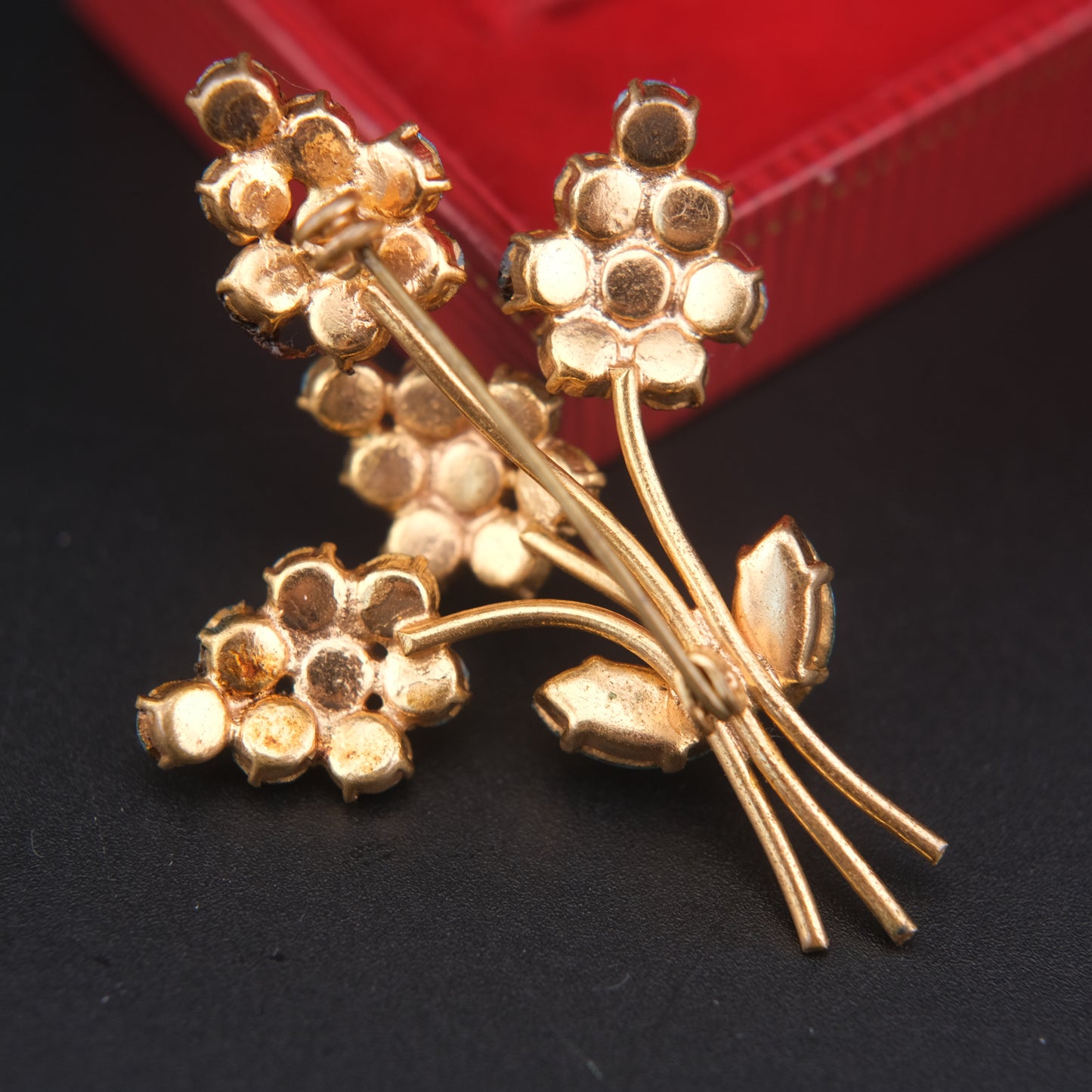 Vintage Blue Rhinestone Flower Bouquet Brooch – Gold Tone, 2 x 1.5 in