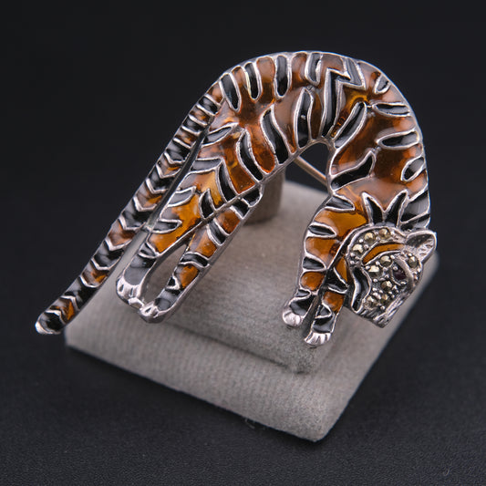 ❤️ Vintage 925 Silver Tiger Brooch Pendant Marcasite Enamel