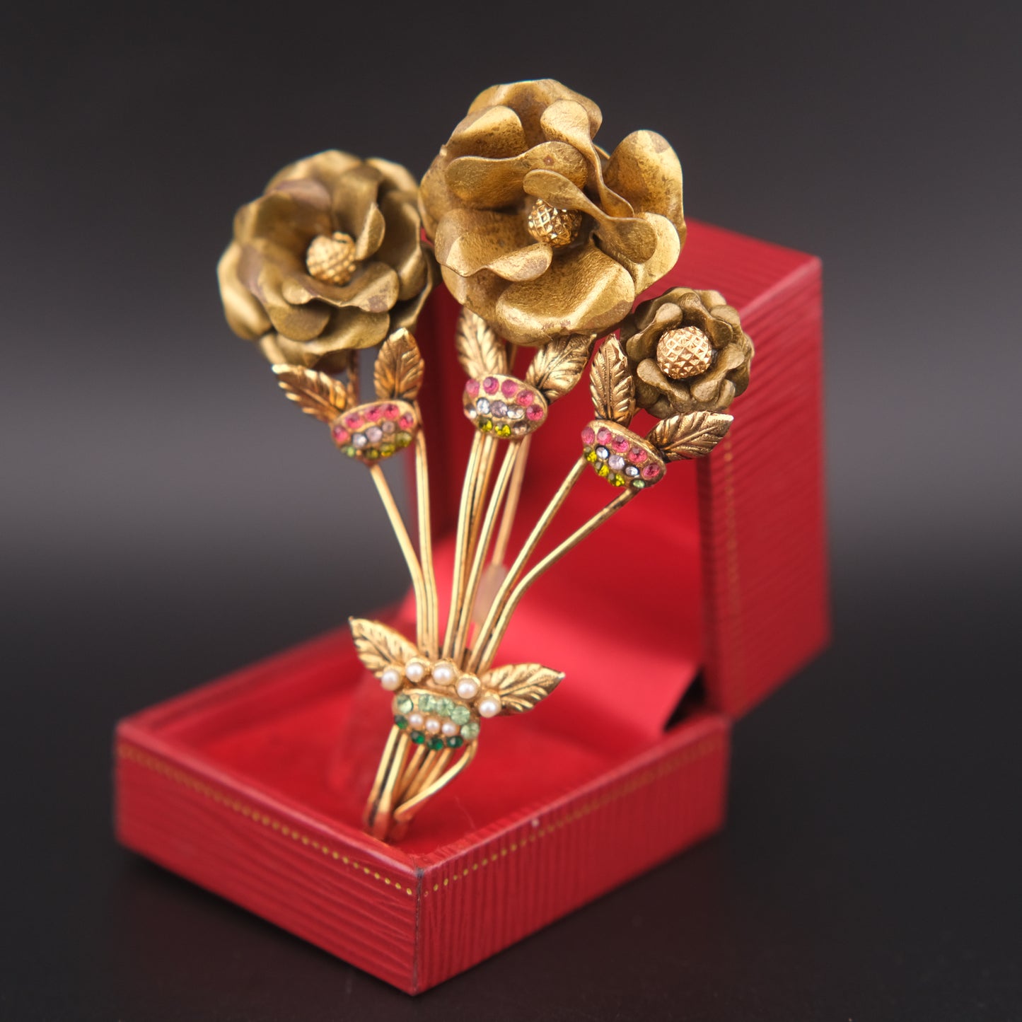 Vintage Brass Floral Bouquet Brooch with Rhinestones & Faux Pearls – 3"