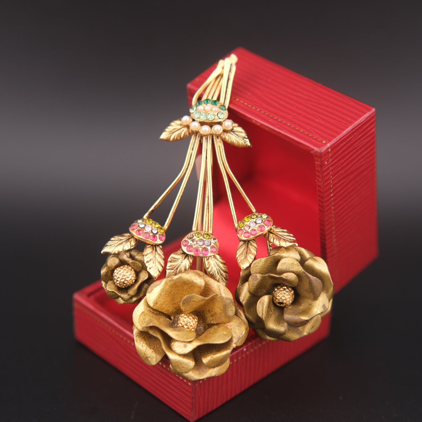 Vintage Brass Floral Bouquet Brooch with Rhinestones & Faux Pearls – 3"