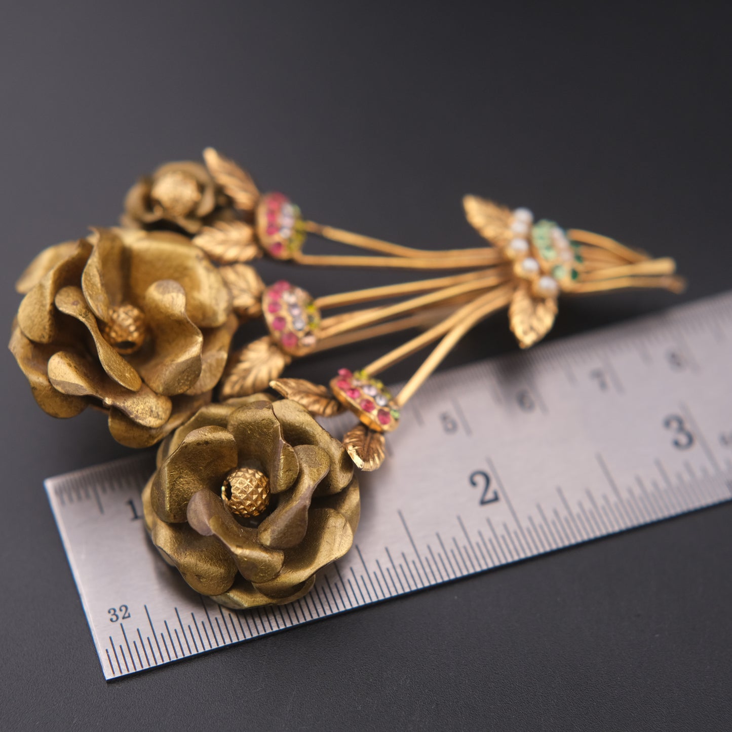 Vintage Brass Floral Bouquet Brooch with Rhinestones & Faux Pearls – 3"