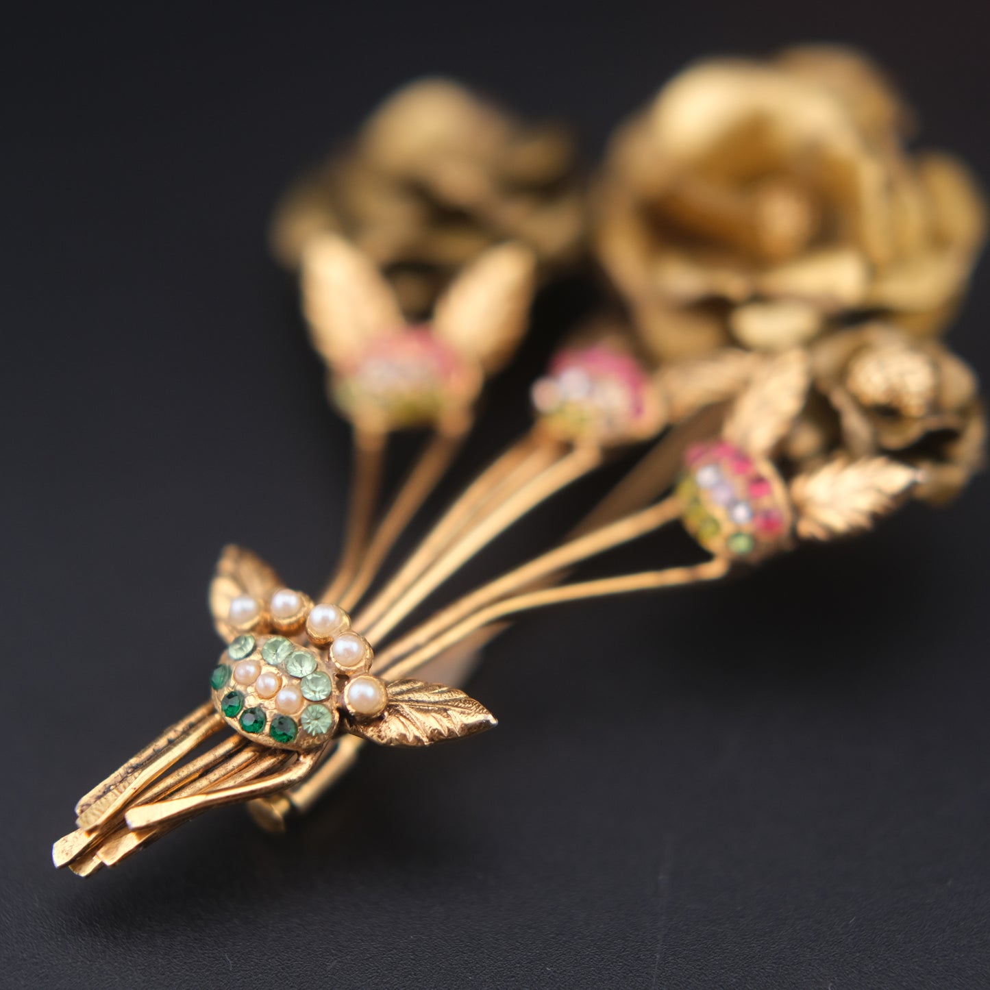 Vintage Brass Floral Bouquet Brooch with Rhinestones & Faux Pearls – 3"