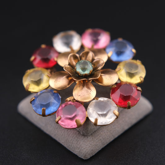 ❤️ Vintage 1940s Multicolor Floral Brooch Brass C-Clasp Round Mid Century Statement Pin 1.8 Inches