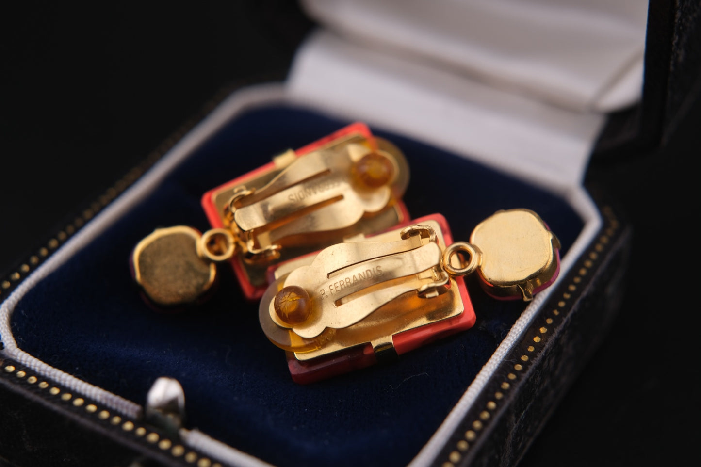 Philippe Ferrandis Clip-On Earrings – Gold-Tone with Orange-Red Resin & Pink Cabochons