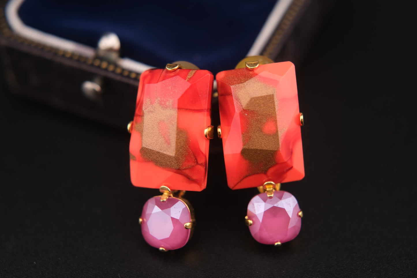 Philippe Ferrandis Clip-On Earrings – Gold-Tone with Orange-Red Resin & Pink Cabochons