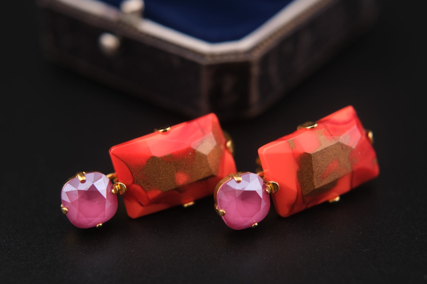 Philippe Ferrandis Clip-On Earrings – Gold-Tone with Orange-Red Resin & Pink Cabochons