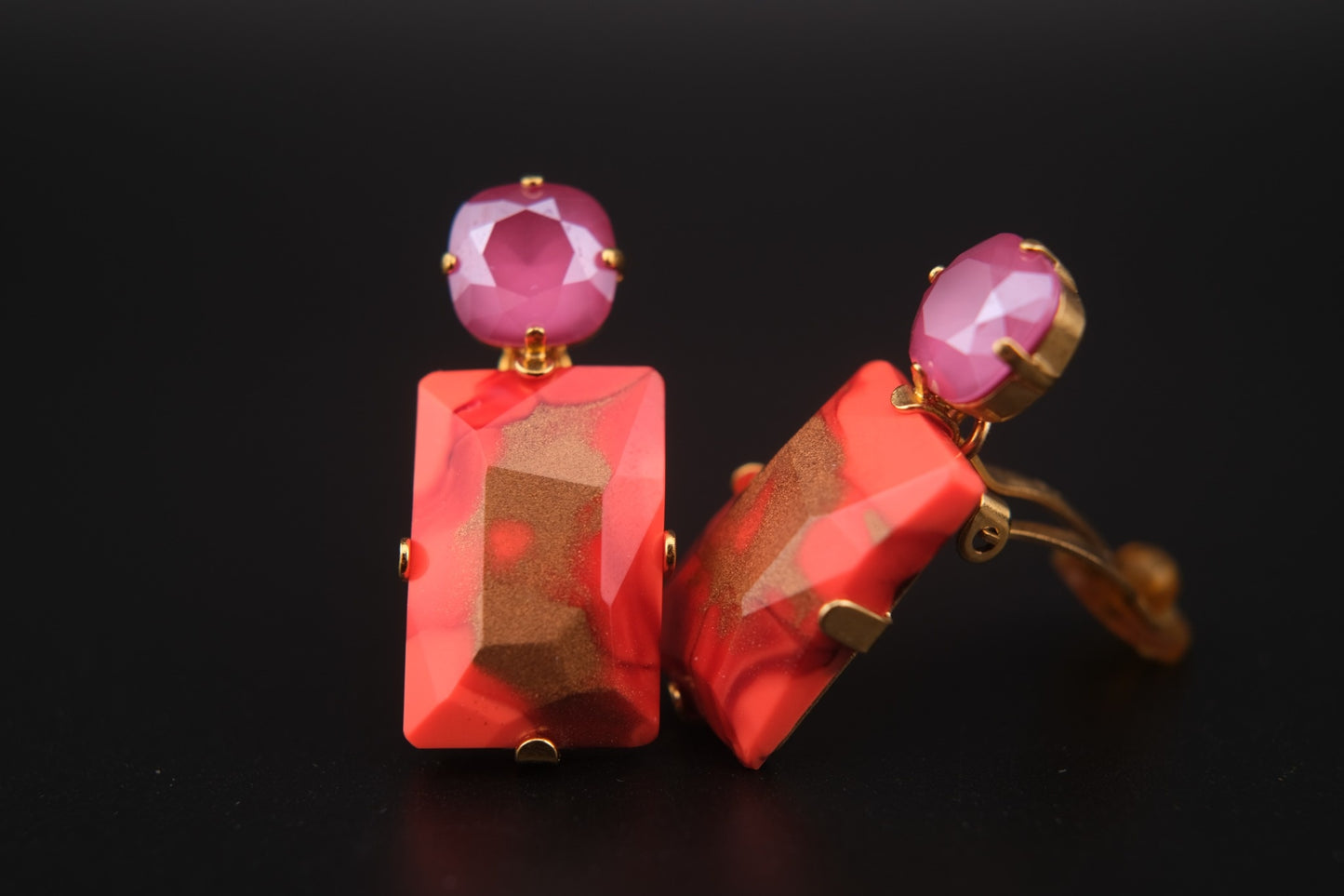 Philippe Ferrandis Clip-On Earrings – Gold-Tone with Orange-Red Resin & Pink Cabochons