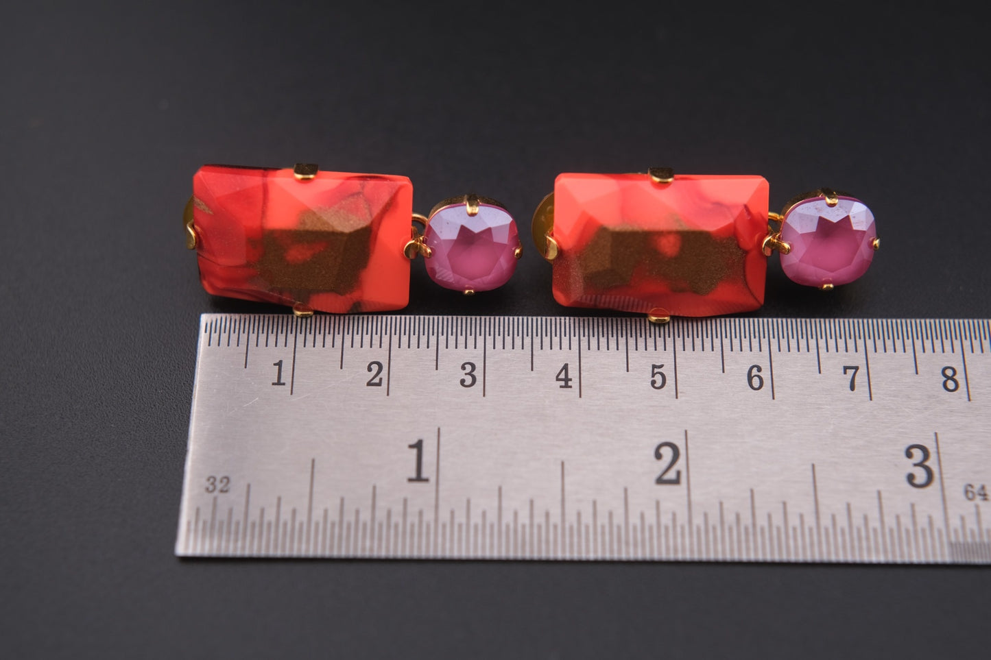Philippe Ferrandis Clip-On Earrings – Gold-Tone with Orange-Red Resin & Pink Cabochons