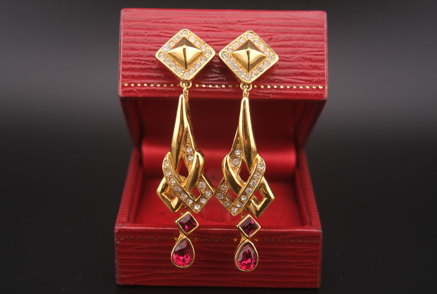 Vintage Attwood UK Red & Clear Crystal Dangle Clip-On Earrings – Bold 1980s Geometric Design