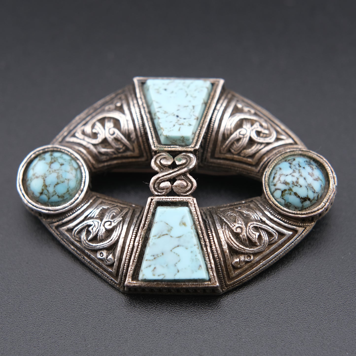 Vintage Miracle Celtic Brooch Faux Turquoise Lozenge Shape 1960s Signed
