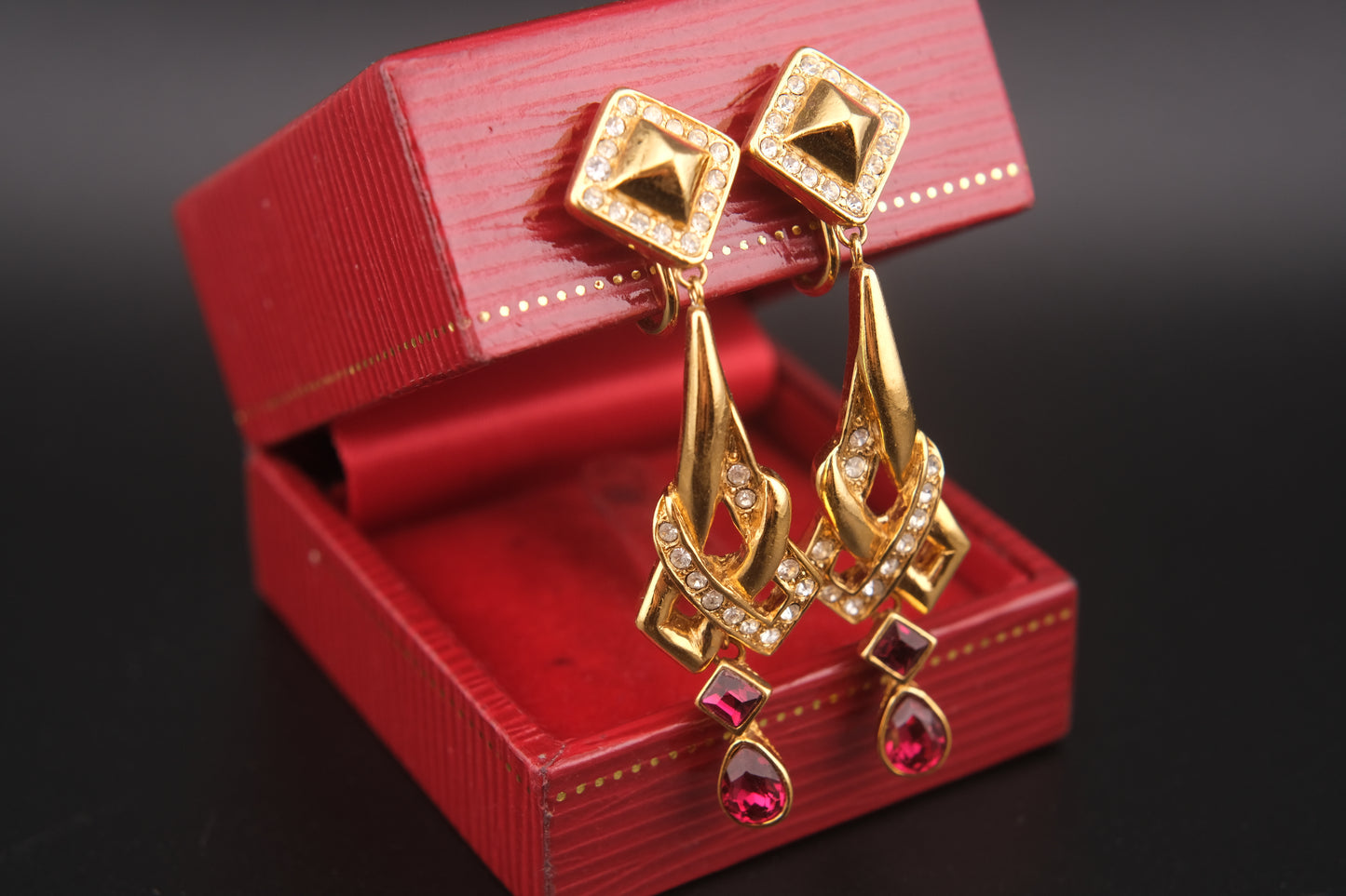 Vintage Attwood UK Red & Clear Crystal Dangle Clip-On Earrings – Bold 1980s Geometric Design
