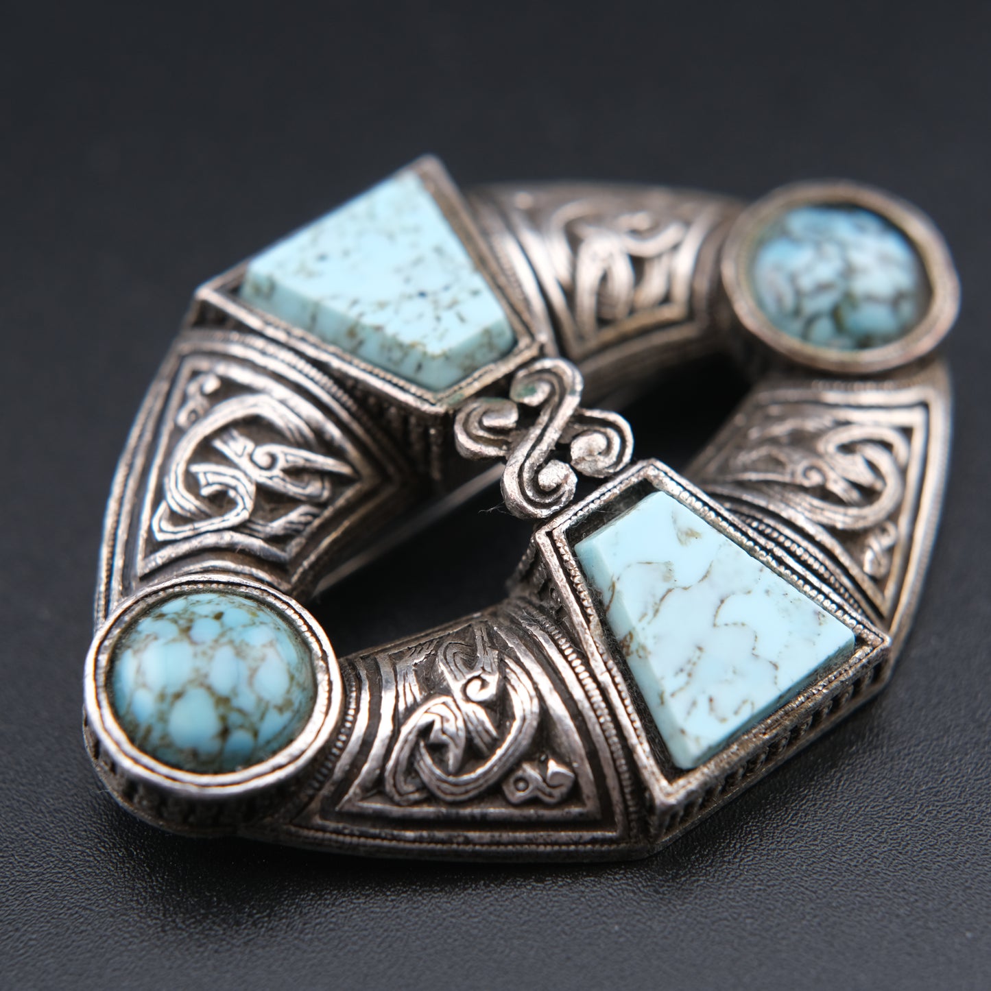 Vintage Miracle Celtic Brooch Faux Turquoise Lozenge Shape 1960s Signed