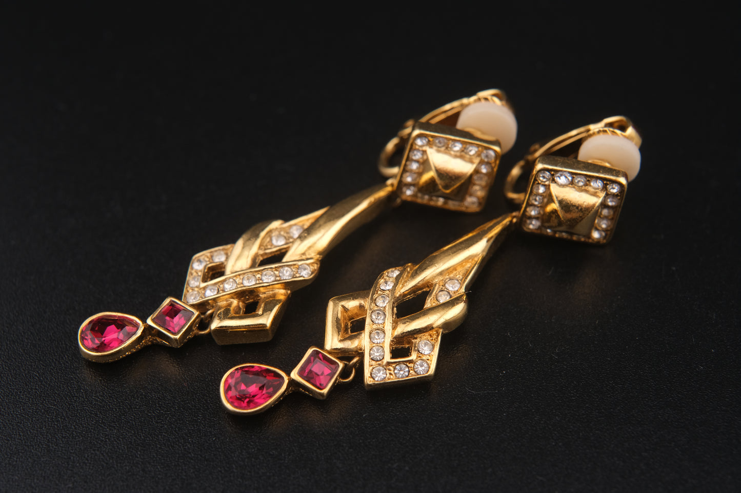 Vintage Attwood UK Red & Clear Crystal Dangle Clip-On Earrings – Bold 1980s Geometric Design