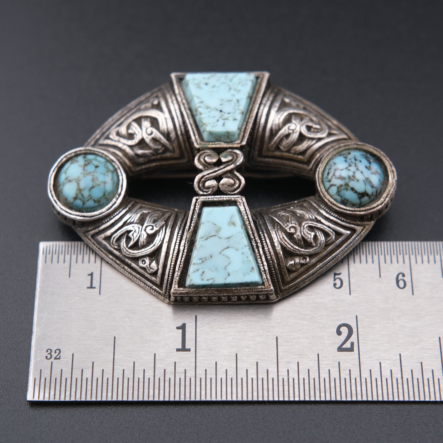 Vintage Miracle Celtic Brooch Faux Turquoise Lozenge Shape 1960s Signed