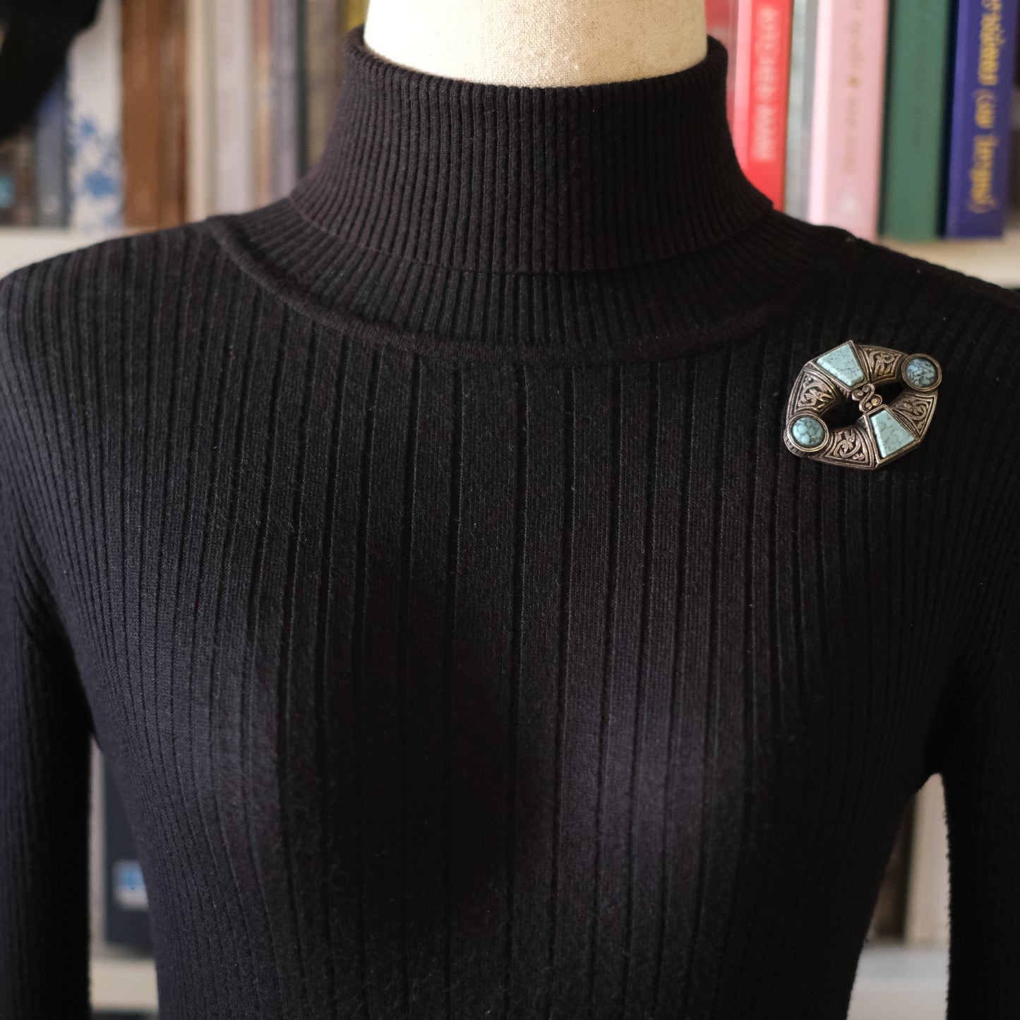 Vintage Miracle Celtic Brooch Faux Turquoise Lozenge Shape 1960s Signed