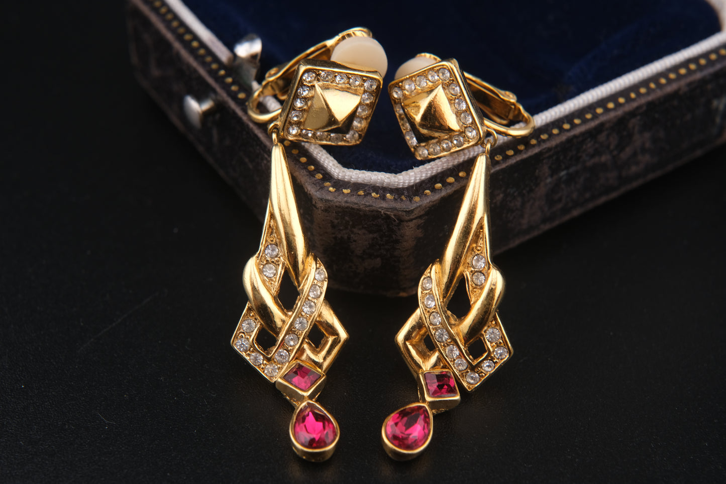 Vintage Attwood UK Red & Clear Crystal Dangle Clip-On Earrings – Bold 1980s Geometric Design
