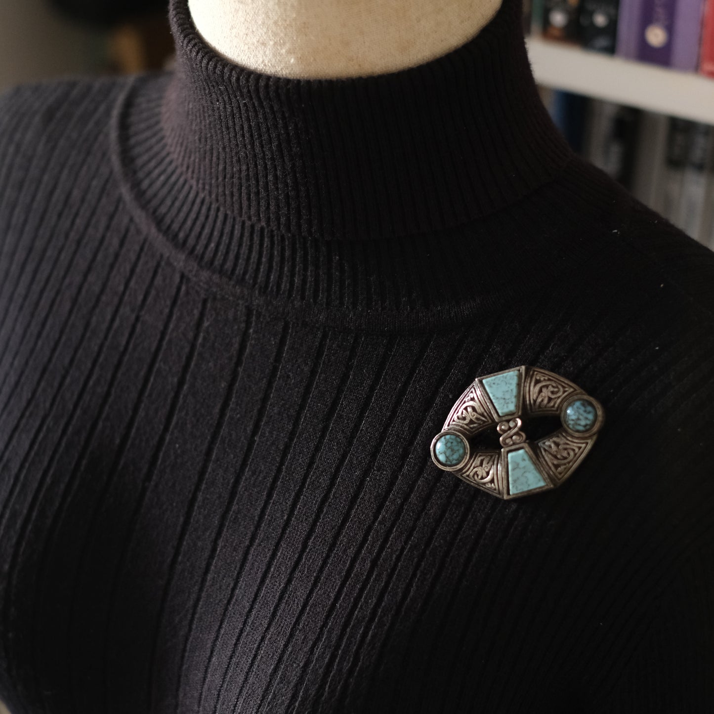 Vintage Miracle Celtic Brooch Faux Turquoise Lozenge Shape 1960s Signed
