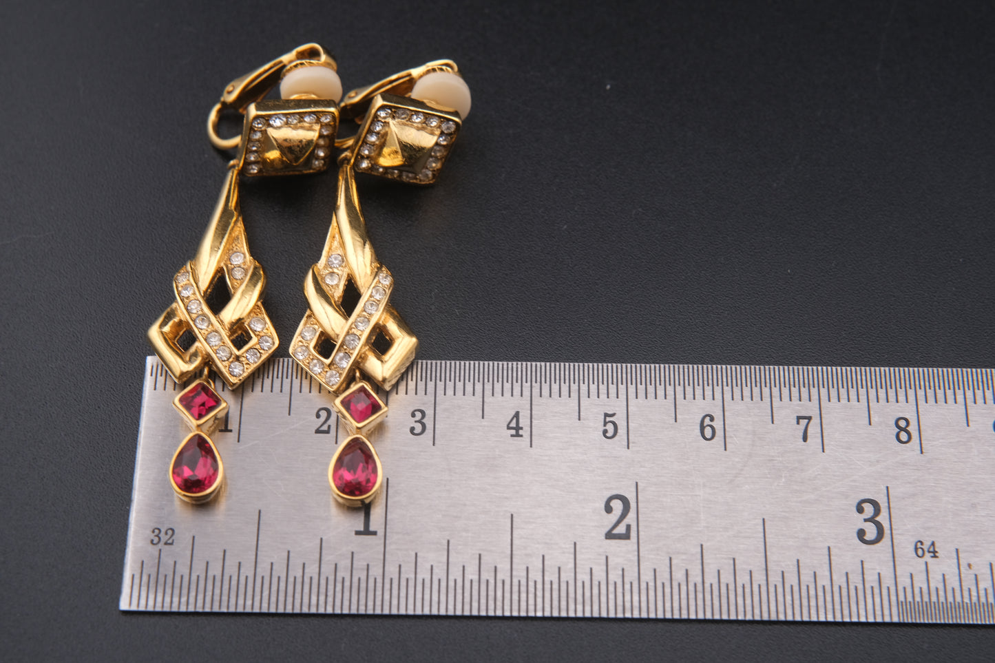Vintage Attwood UK Red & Clear Crystal Dangle Clip-On Earrings – Bold 1980s Geometric Design