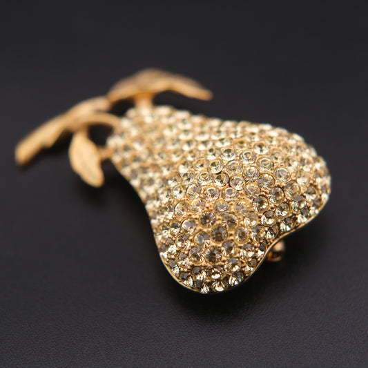 ❤️ Vintage Gold Tone Pave Rhinestone Pear Brooch Fruit Motif Statement Pin