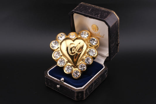 Vintage Christian Lacroix Gilt Heart Brooch with Crystal Accents – Made in France